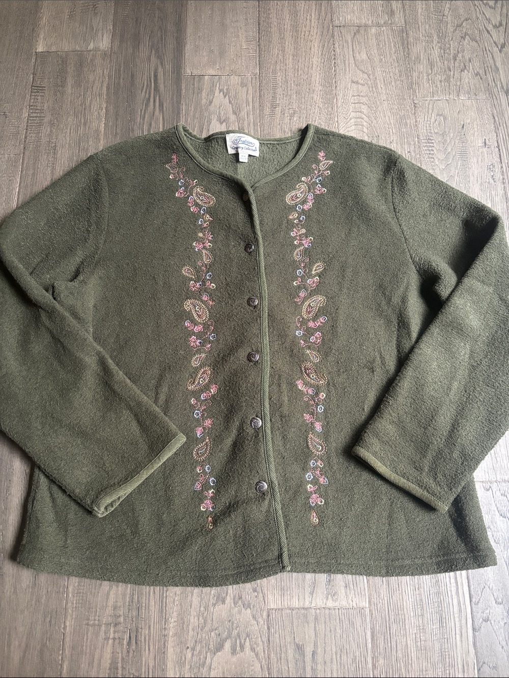 Tradition | Olive Green Embroidered Button Cardigan Fall Cottagecore Size Med